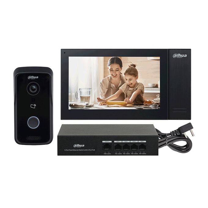 Комплект еднофамилна видеодомофонна система Dahua KTP02+VTO2111D-P-S2+VTH2421FB-P